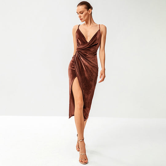 Damen Elegantes Wickelkleid mit hohem Beinschlitz und Spaghettiträgern Heidi-Mode