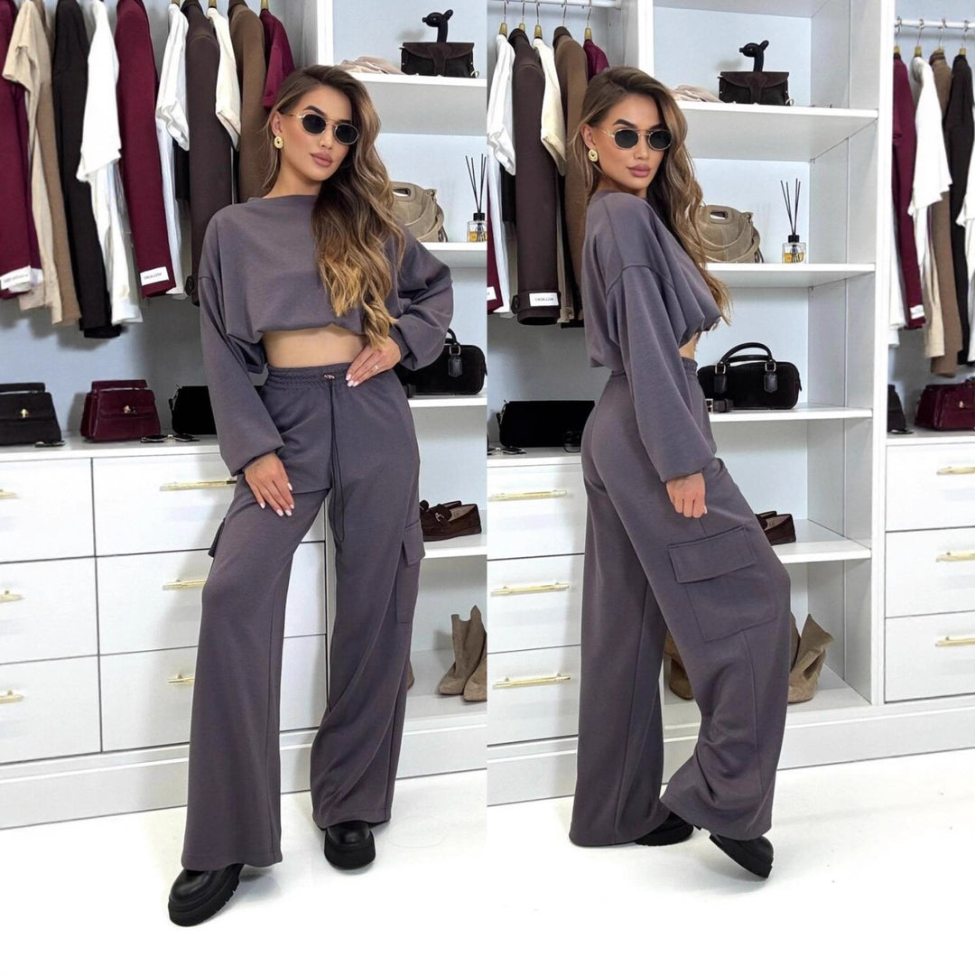 Damen lässiges Set mit cropped Oberteil und weiten Jogginghosen Heidi-Mode