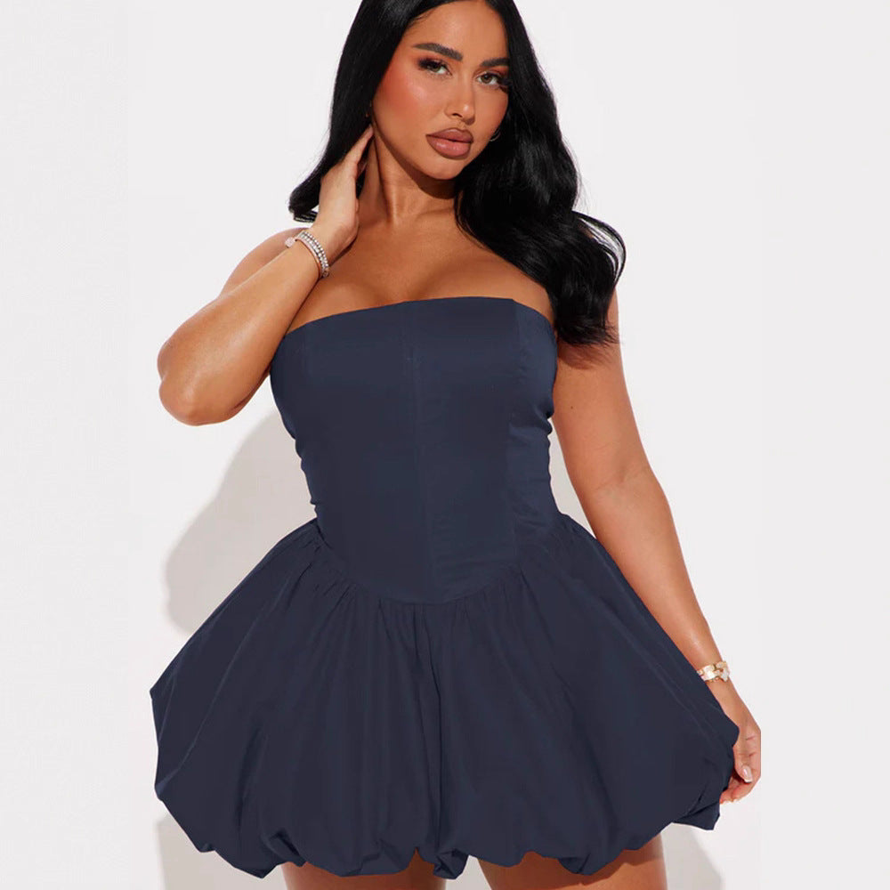 Damen Trägerloses Babydoll-Kleid mit voluminösem Saum Heidi-Mode