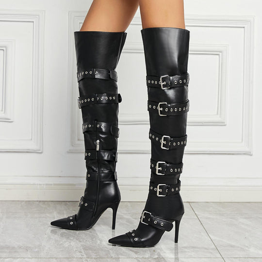 Femme Über-dem-Knie Schnallen Stiletto Stiefel Heidi-Mode