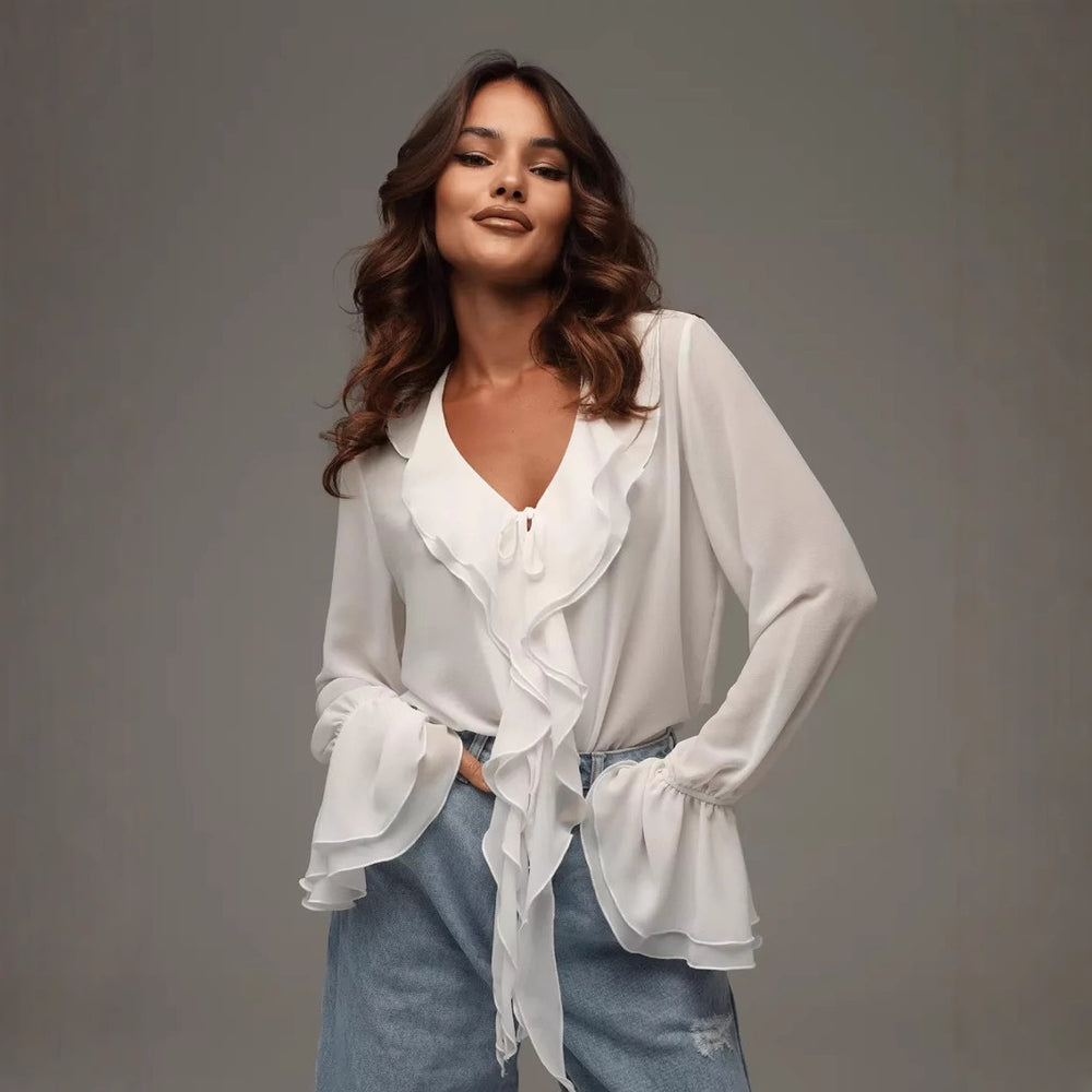 Damen leichtes Chiffon-Blusenshirt mit Rüschen und Kordelzug Heidi-Mode