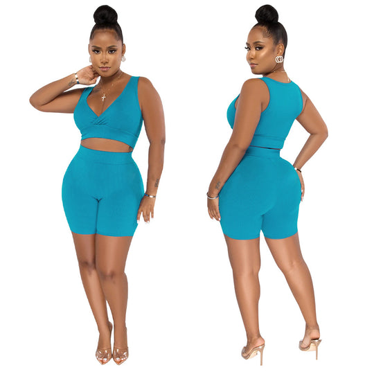 Damen Sportliches Set aus Cropped Oberteil und Radlerhosen mit Rippstruktur Heidi-Mode