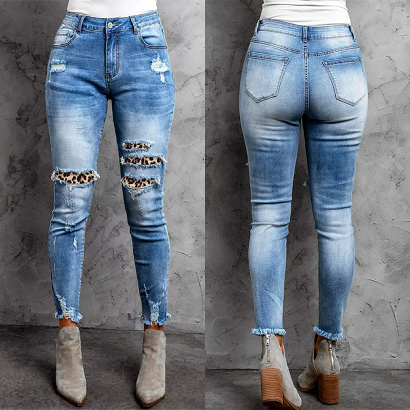 Damen Skinny Jeans im aufregenden Animal-Print mit stylishen Rissen Heidi-Mode