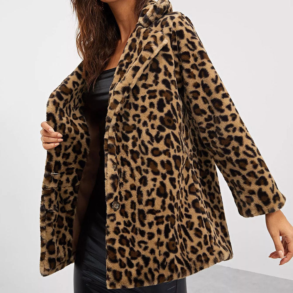 Damen Modischer Teddy-Mantel mit Leoprint und elegantem Schnitt Heidi-Mode