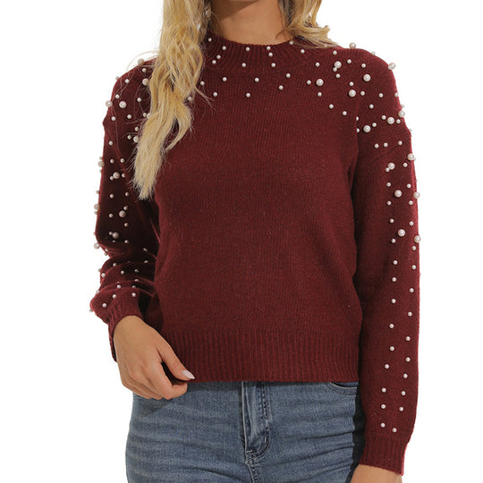 Damen kuscheliger Pullover mit feinem Strukturmuster und dekorativen Perlendetails Heidi-Mode