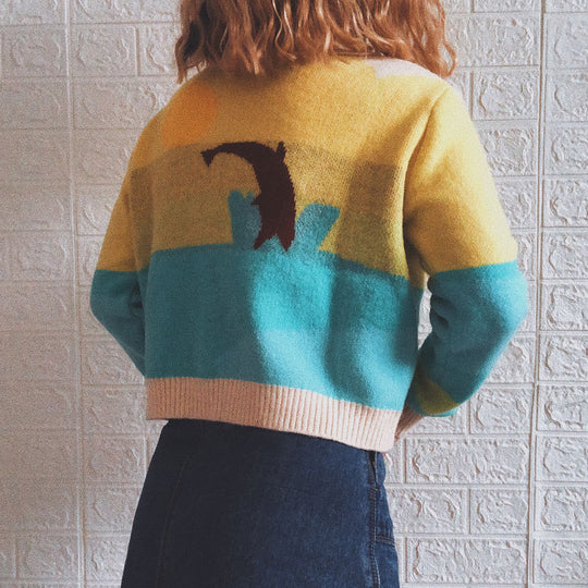 Damen Strickjacke mit verspieltem Motiv und modernem Farbverlauf Heidi-Mode