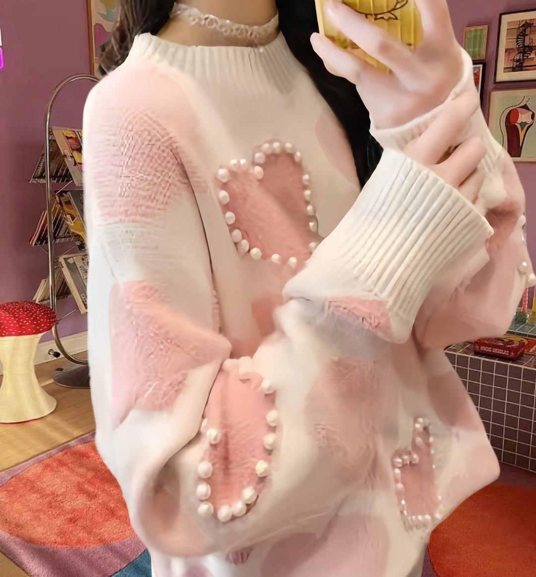 Damen Gemusterter Strickpullover mit Herz-Applikationen und Rippkragen Heidi-Mode
