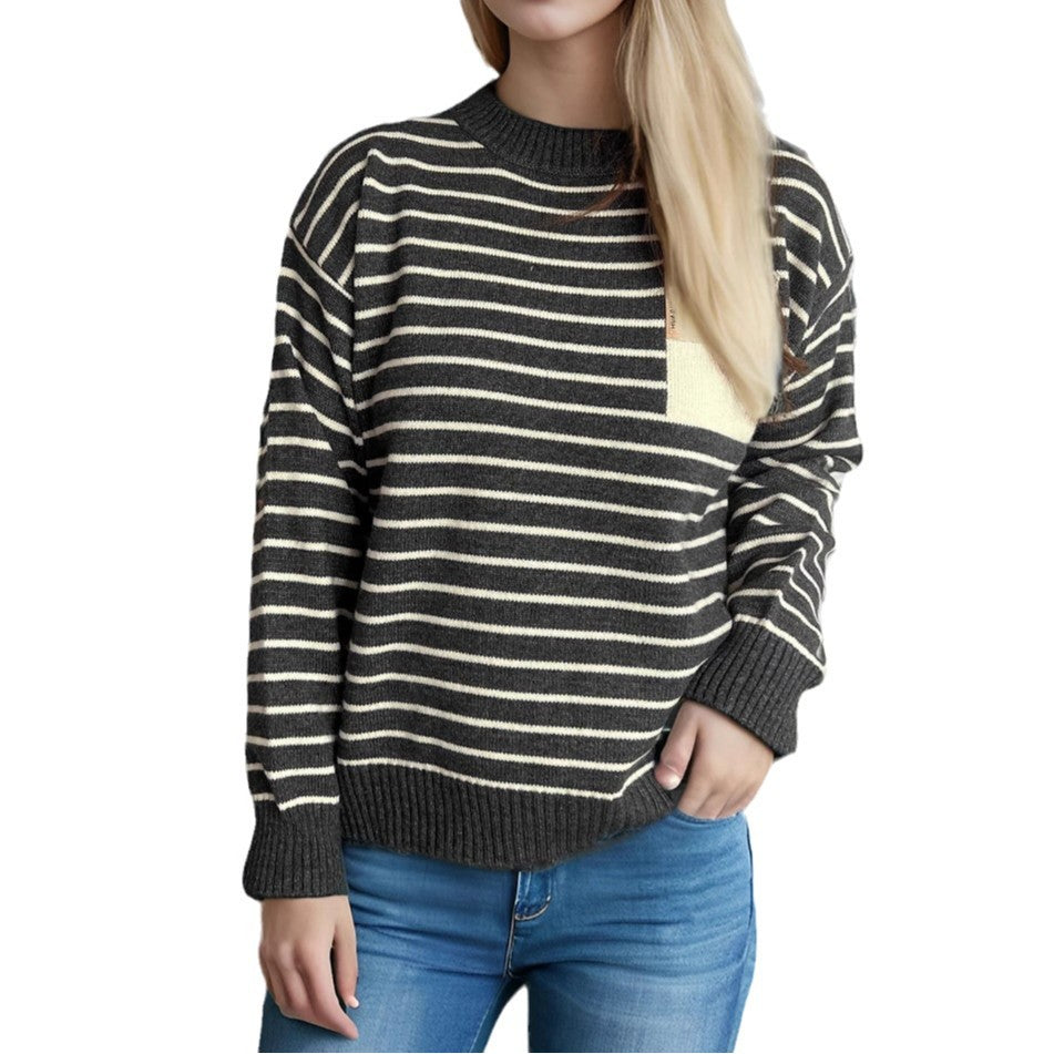 Damen lässiger Strickpullover mit breitem Streifenmuster und überschnittenen Schultern Heidi-Mode