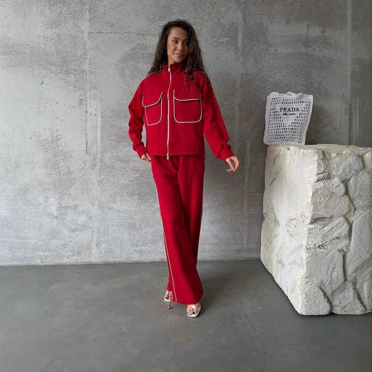 Damen lässiges Sport-Loungewear-Set mit praktischen Taschen und hohem Kragen Heidi-Mode