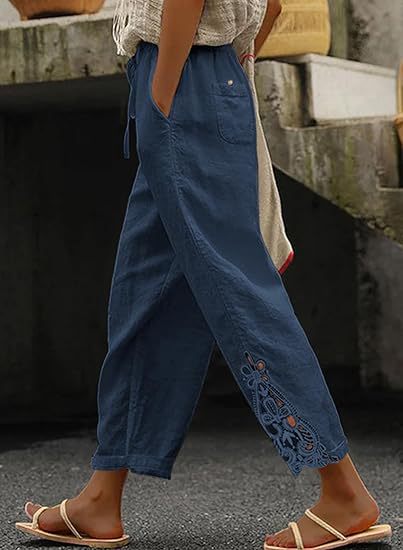 Damen luftige Leinenhose mit dekorativen Stickereien Heidi-Mode