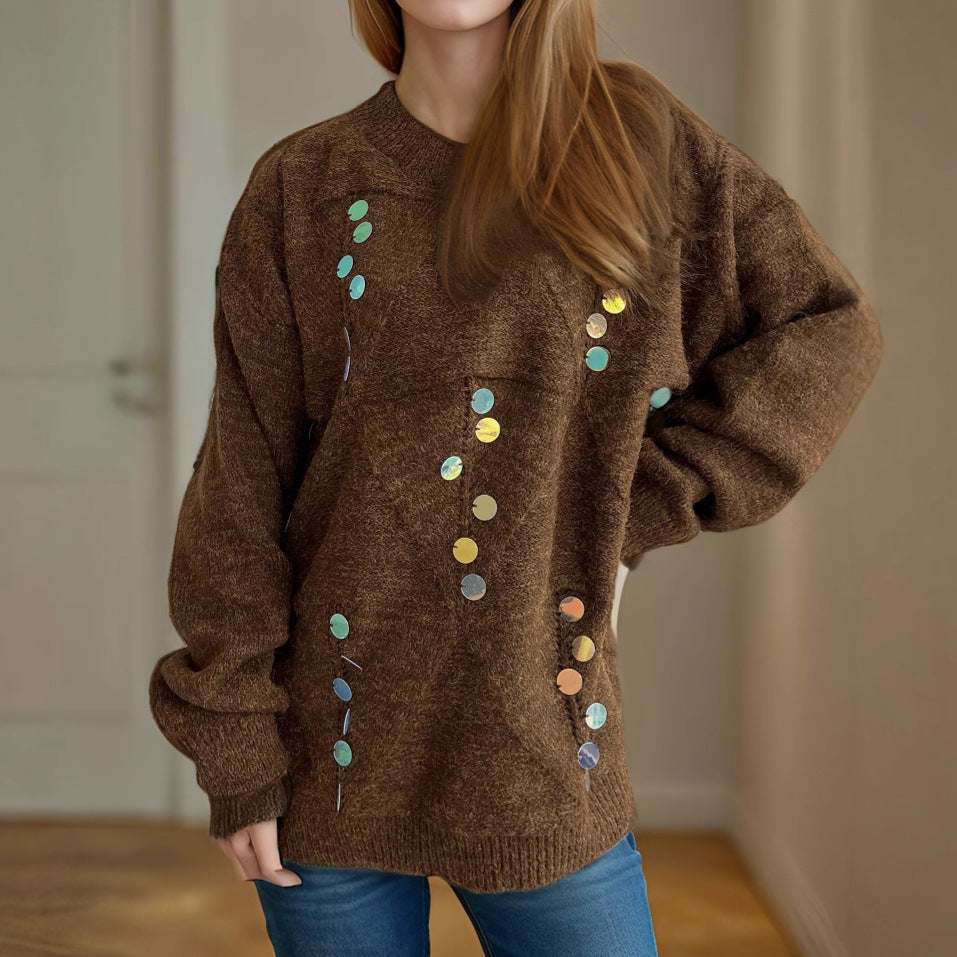 Damen lässiger Pullover mit dekorativen Pailletten und strukturiertem Maschenmuster Heidi-Mode