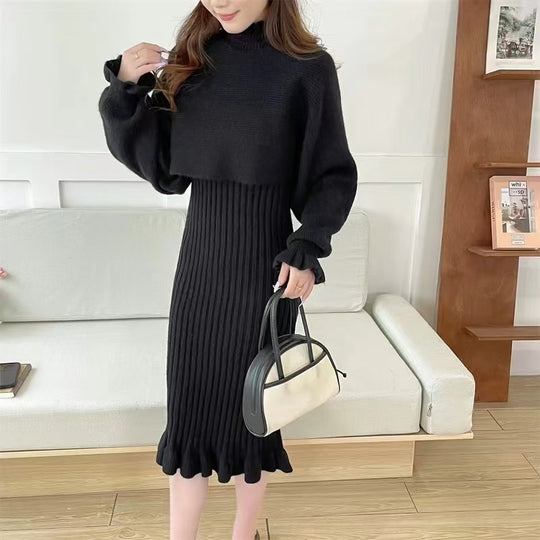 Damen Strickkleid mit hochgeschlossenem Kragen und Rippstruktur Heidi-Mode