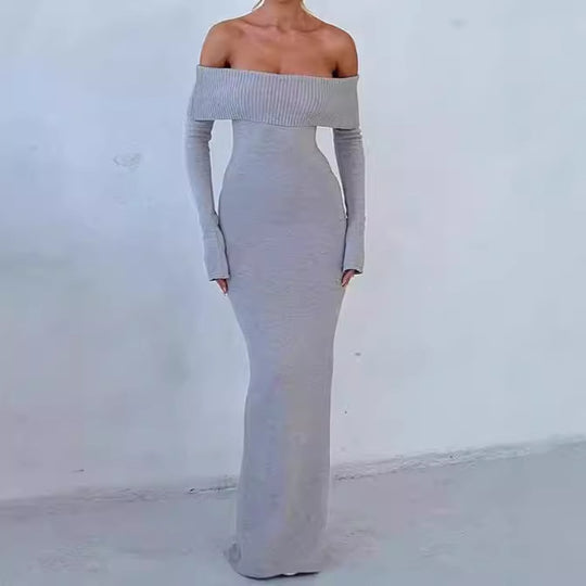 Damen Figurbetontes Off-Shoulder Maxikleid mit langen Ärmeln Heidi-Mode