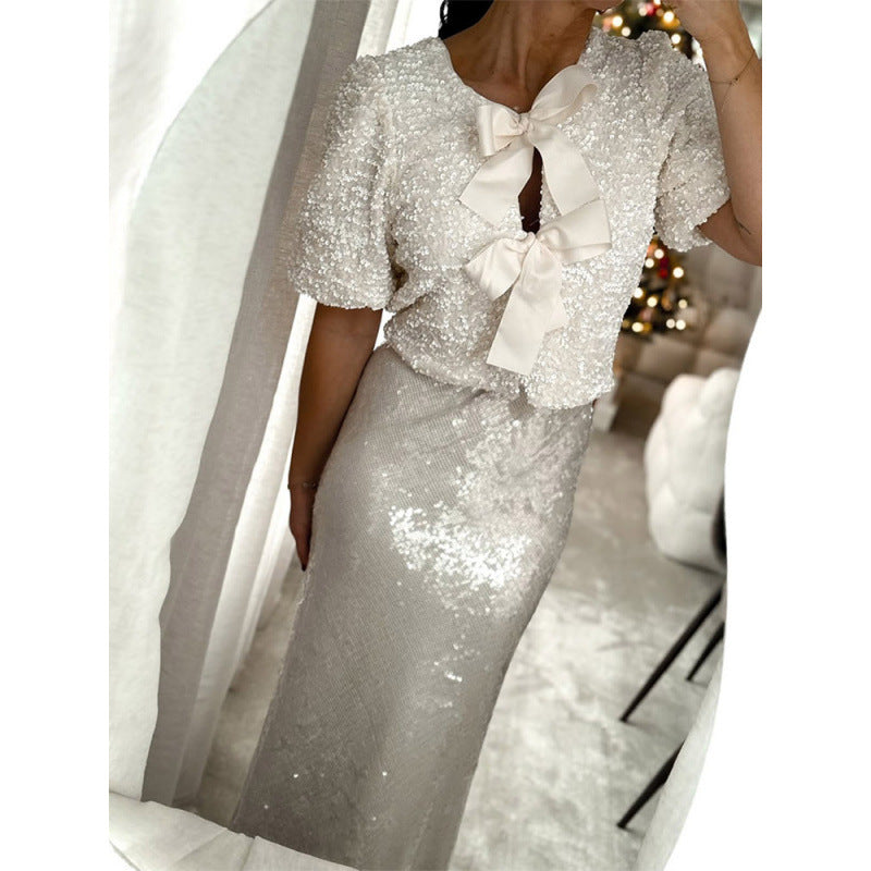 Damen Paillettenbluse mit Schleifendetails Heidi-Mode