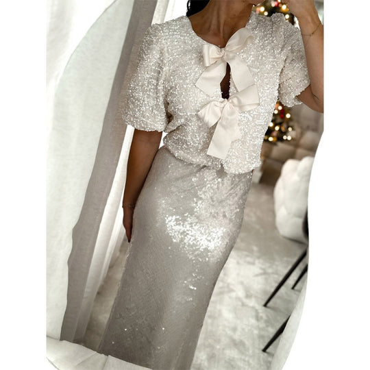 Damen Paillettenbluse mit Schleifendetails Heidi-Mode