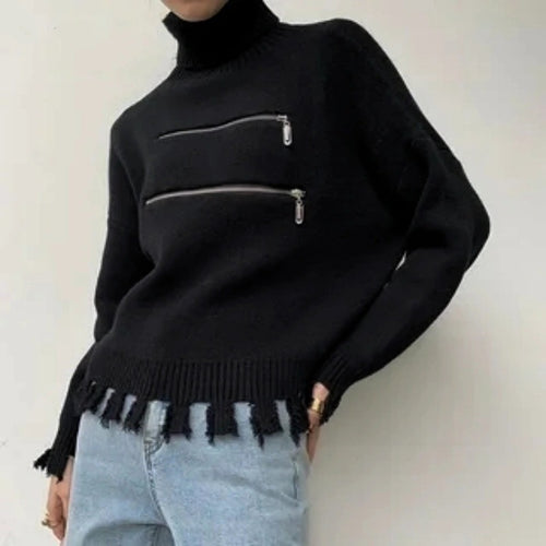 Damen stylischer Stehkragenpullover mit zwei asymmetrischen Reißverschlusstaschen und fransigem Saum Heidi-Mode