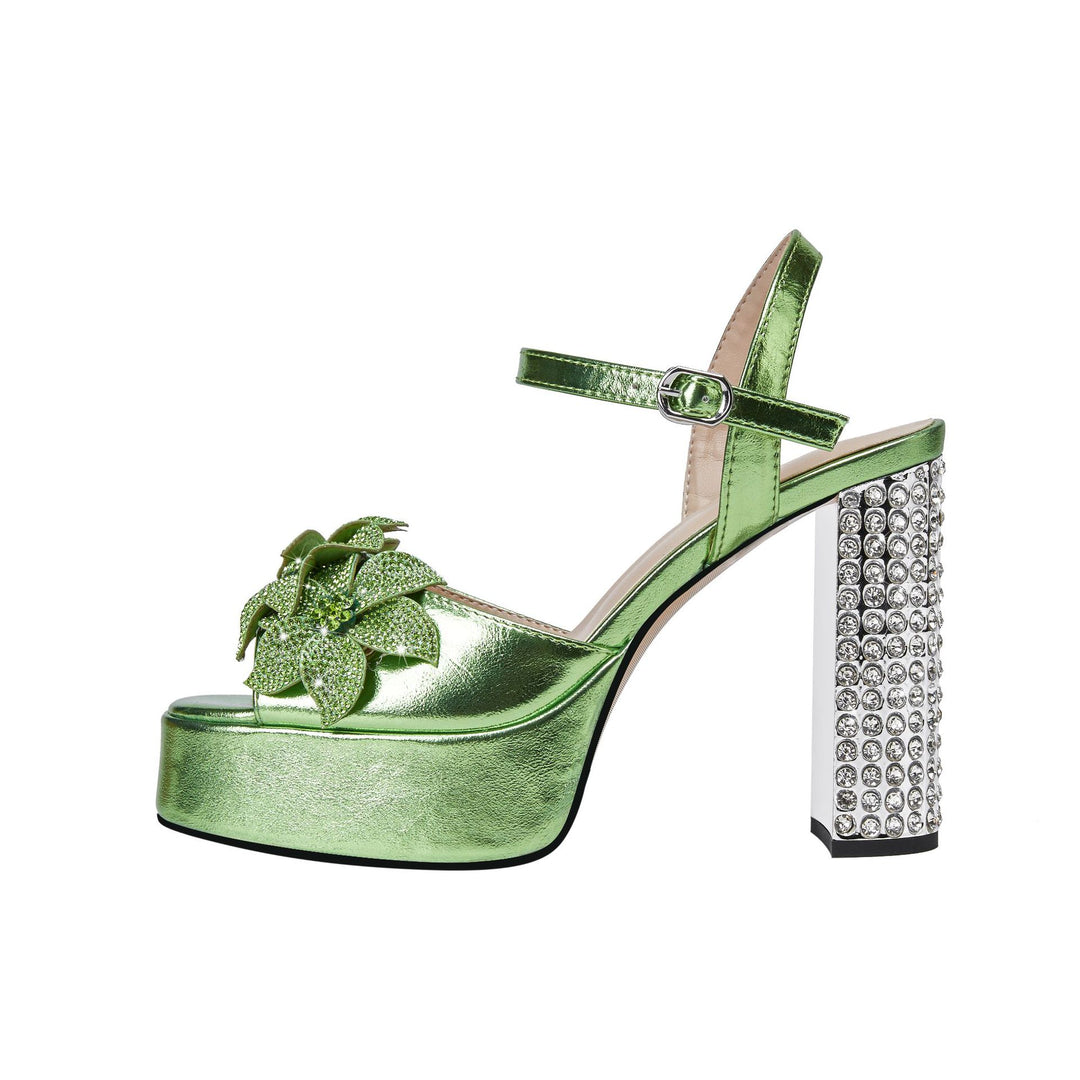 Femme Chunky Platform Sandalen mit dekorativen floralem Akzenten und rhinestone-besetztem Absatz Heidi-Mode