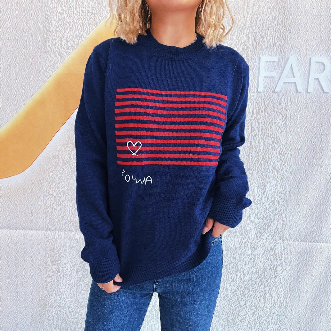 Damen lässiger Pullover mit gestreiftem Design und Herzapplikation Heidi-Mode