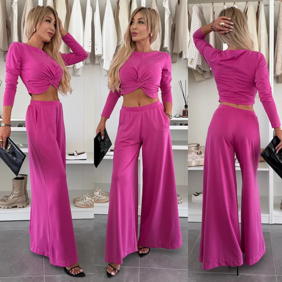 Damen Zweiteiliges Set mit elegantem Knoten-Oberteil und weitem Hose Heidi-Mode
