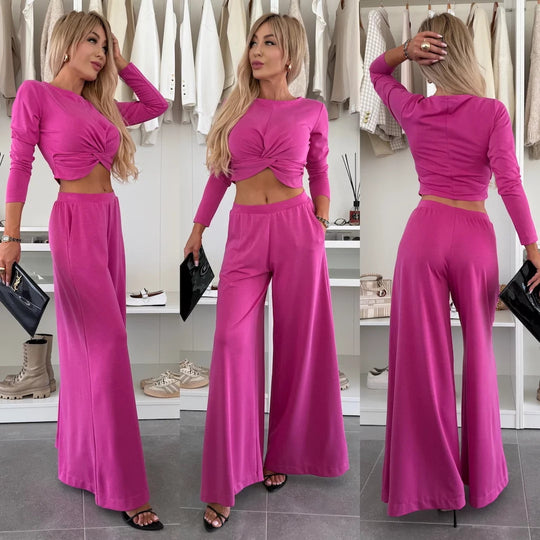 Damen Zweiteiliges Set mit elegantem Knoten-Oberteil und weitem Hose Heidi-Mode