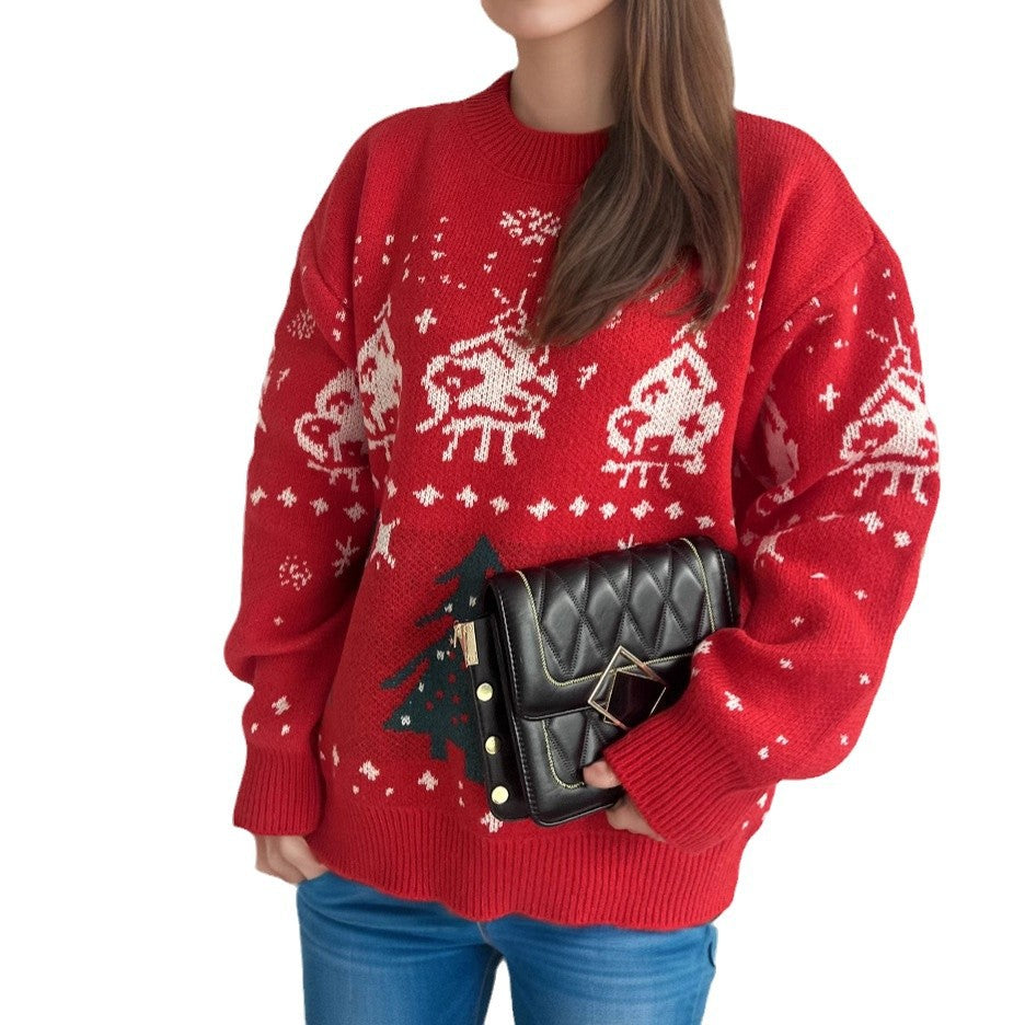 Damen gestrickter Weihnachtspullover mit festlichen Motiven und lässigem Schnitt Heidi-Mode