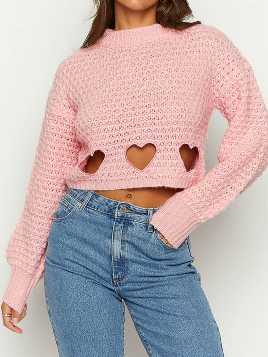 Damen Grob gestrickter Pullover mit Herzverzierungen und lockerem Schnitt Heidi-Mode