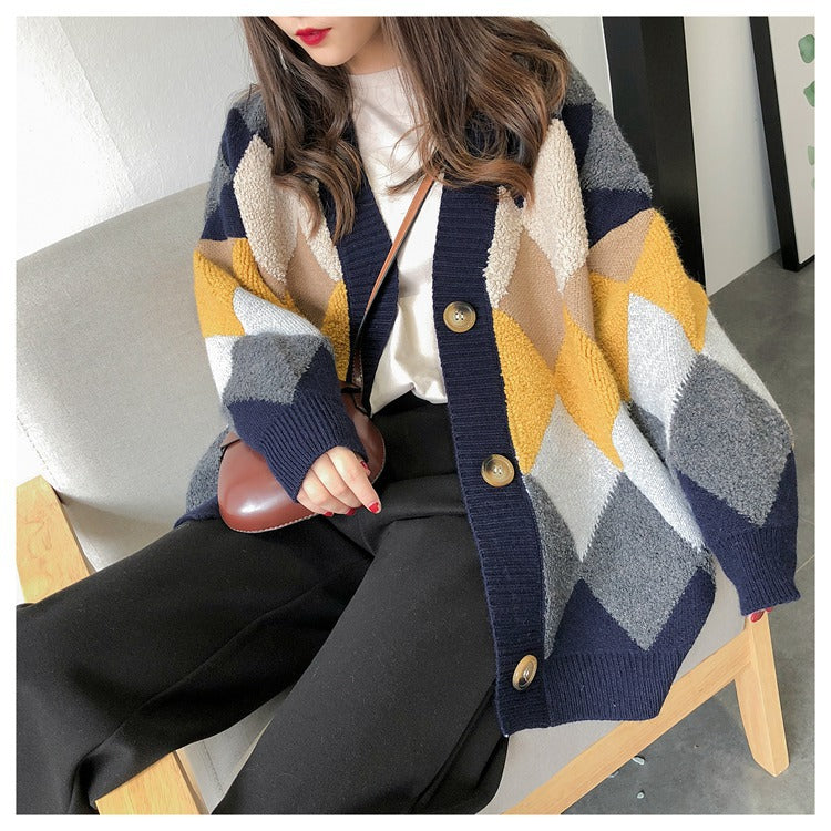 Damen Grobstrick Cardigan mit geometrischem Muster und großen Taschen Heidi-Mode