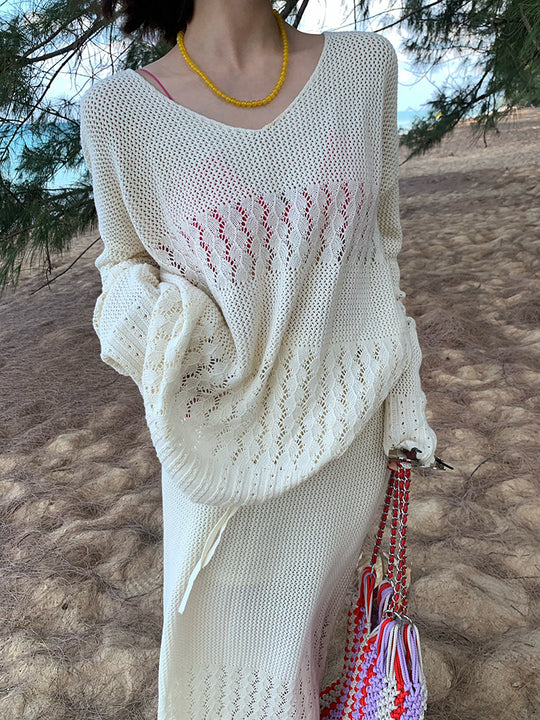 Damen luftiges Strickoberteil mit V-Ausschnitt und Batikmuster Heidi-Mode