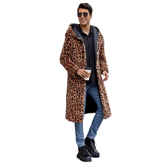 Herren Eleganter Kunstfellmantel mit Leopardenmuster Heidi-Mode