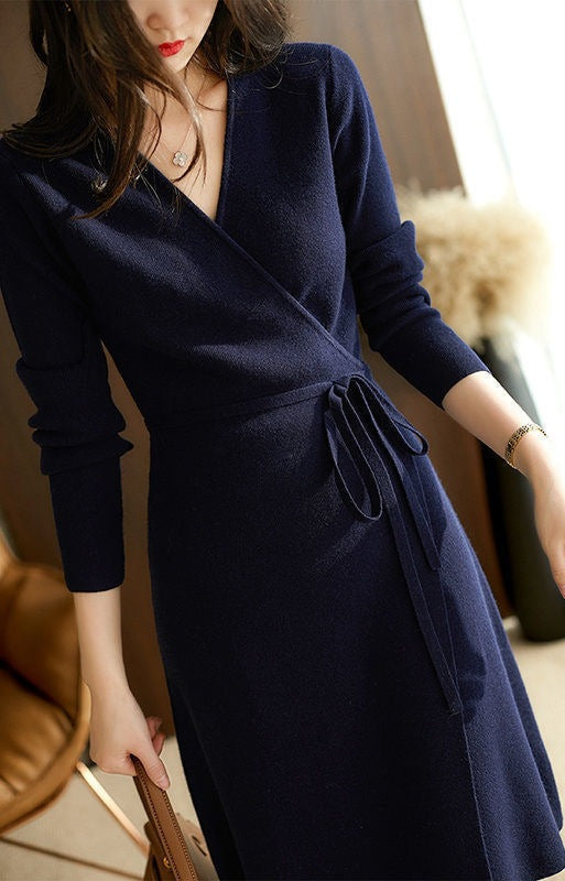 Damen Wickelkleid mit langem Ärmel und eleganter Taillenkordelung Heidi-Mode