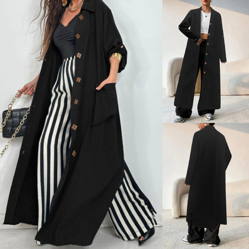 Damen Modischer Maxi-Mantel mit aufgesetzten Taschen und klassischen Knopfdetails Heidi-Mode