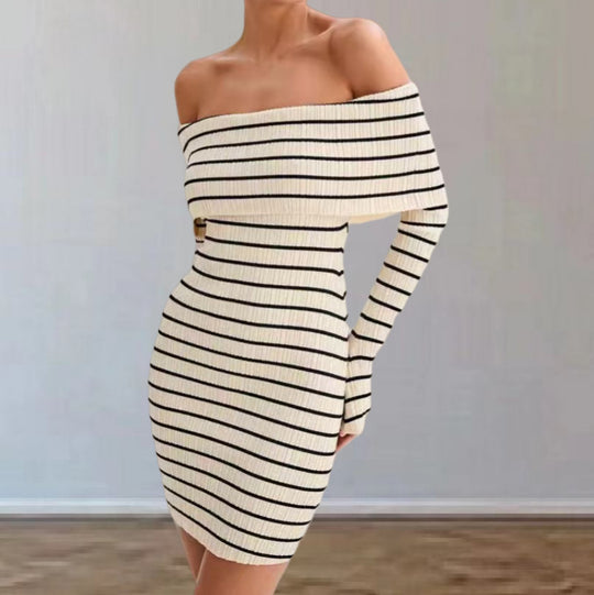 Damen Off-Shoulder Strickkleid mit langen Ärmeln und Streifenmuster Heidi-Mode