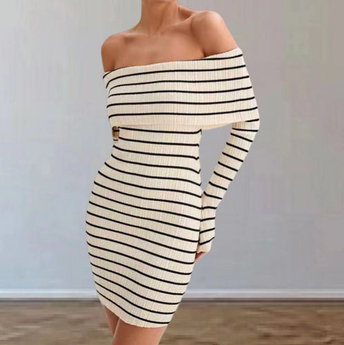 Damen Off-Shoulder Strickkleid mit langen Ärmeln und Streifenmuster Heidi-Mode