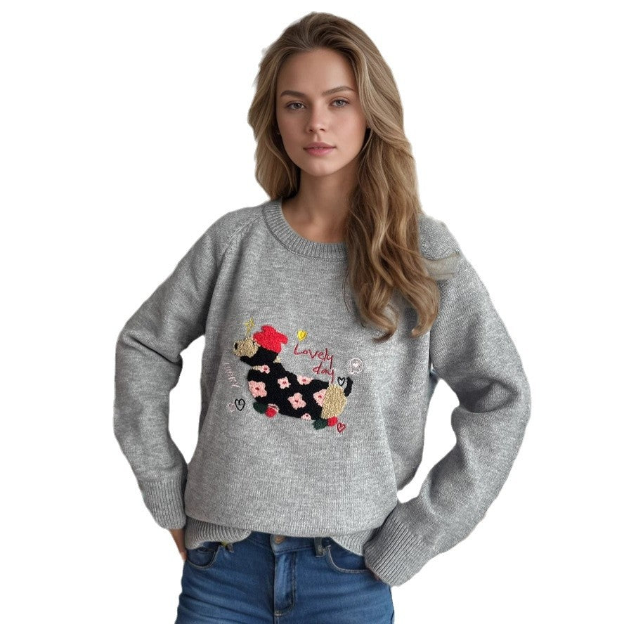 Damen Pullover mit tierischem Motiv und dekorativen Stickereien Heidi-Mode