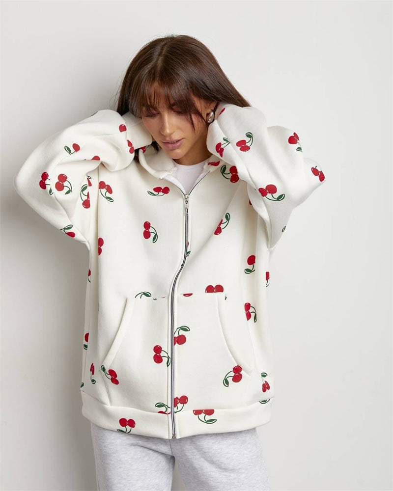 Damen Kapuzenjacke mit frischem Kirschmuster und übergroßem Schnitt Heidi-Mode