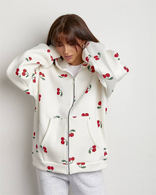 Damen Kapuzenjacke mit frischem Kirschmuster und übergroßem Schnitt Heidi-Mode