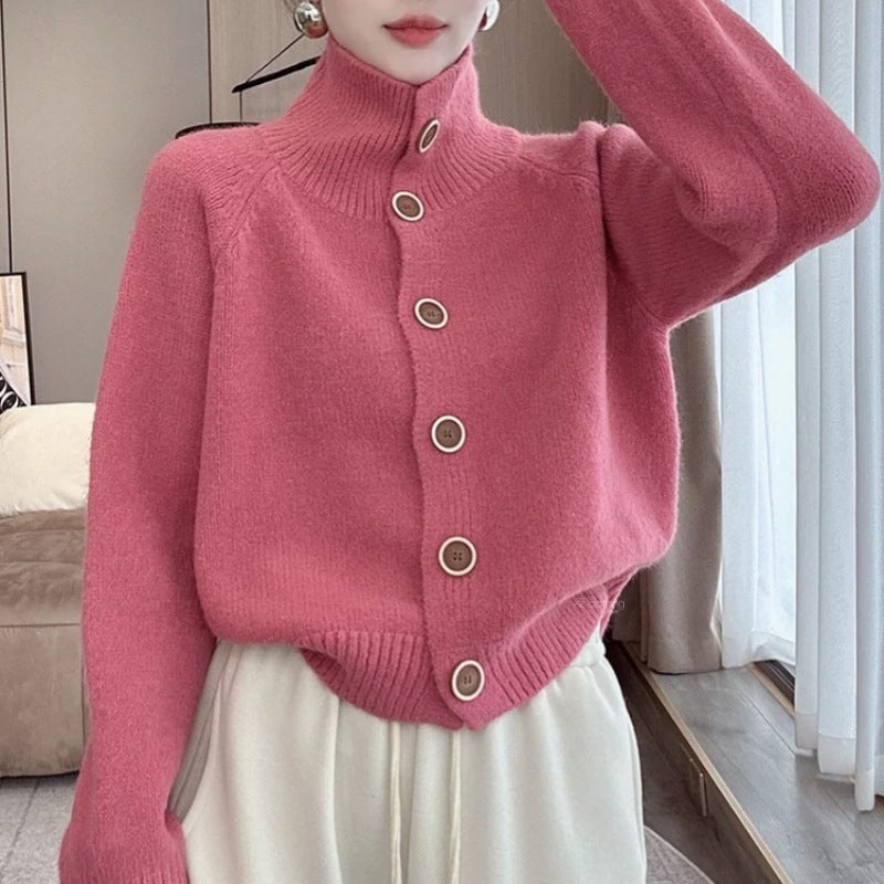 Damen kuscheliger Hochkragen-Cardigan mit Knopfdetails Heidi-Mode