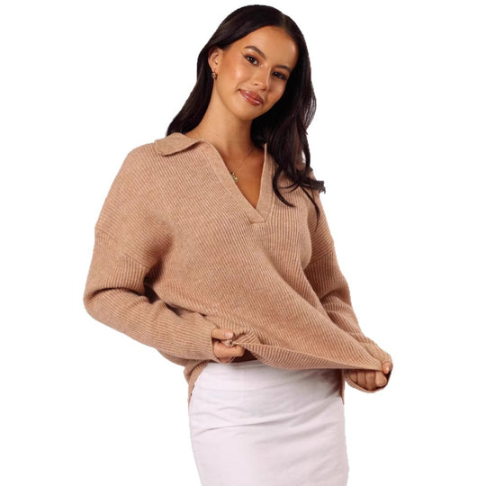 Damen lässiger Strickpullover mit modernem V-Ausschnitt und weit geschnittenen Ärmeln Heidi-Mode