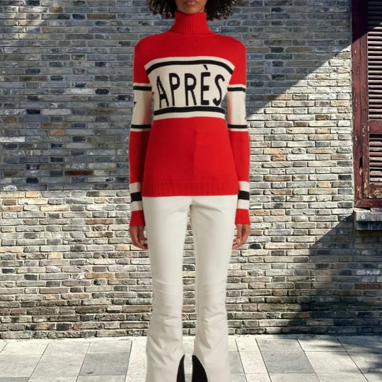 Damen Modischer Strickpullover mit hohem Kragen und auffälligem Schriftzug Heidi-Mode