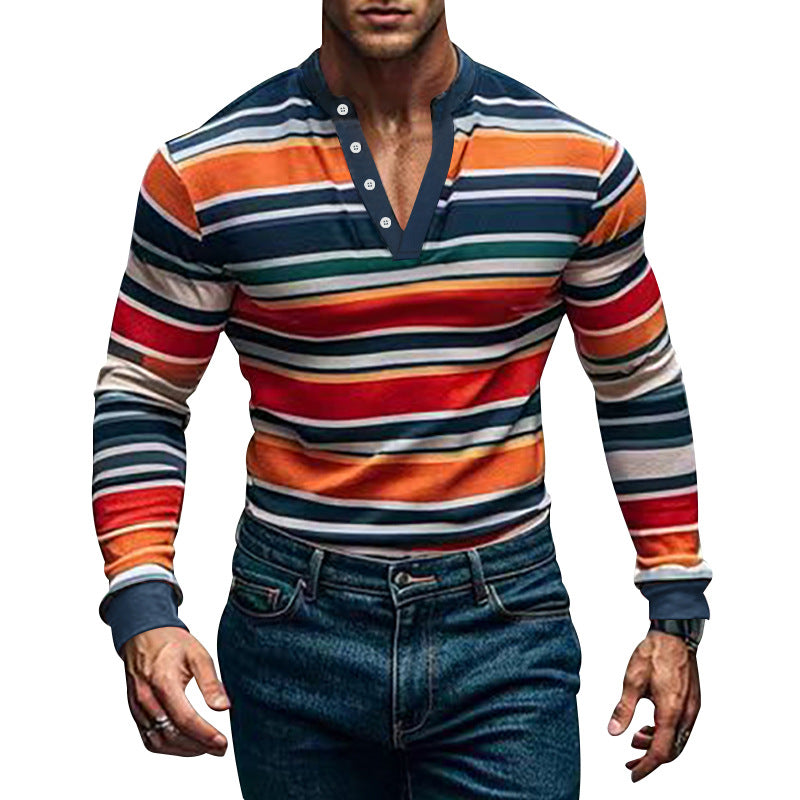 Herren Langarm-Henley-Shirt mit strukturiertem Streifenmuster und modernem Kragen Heidi-Mode