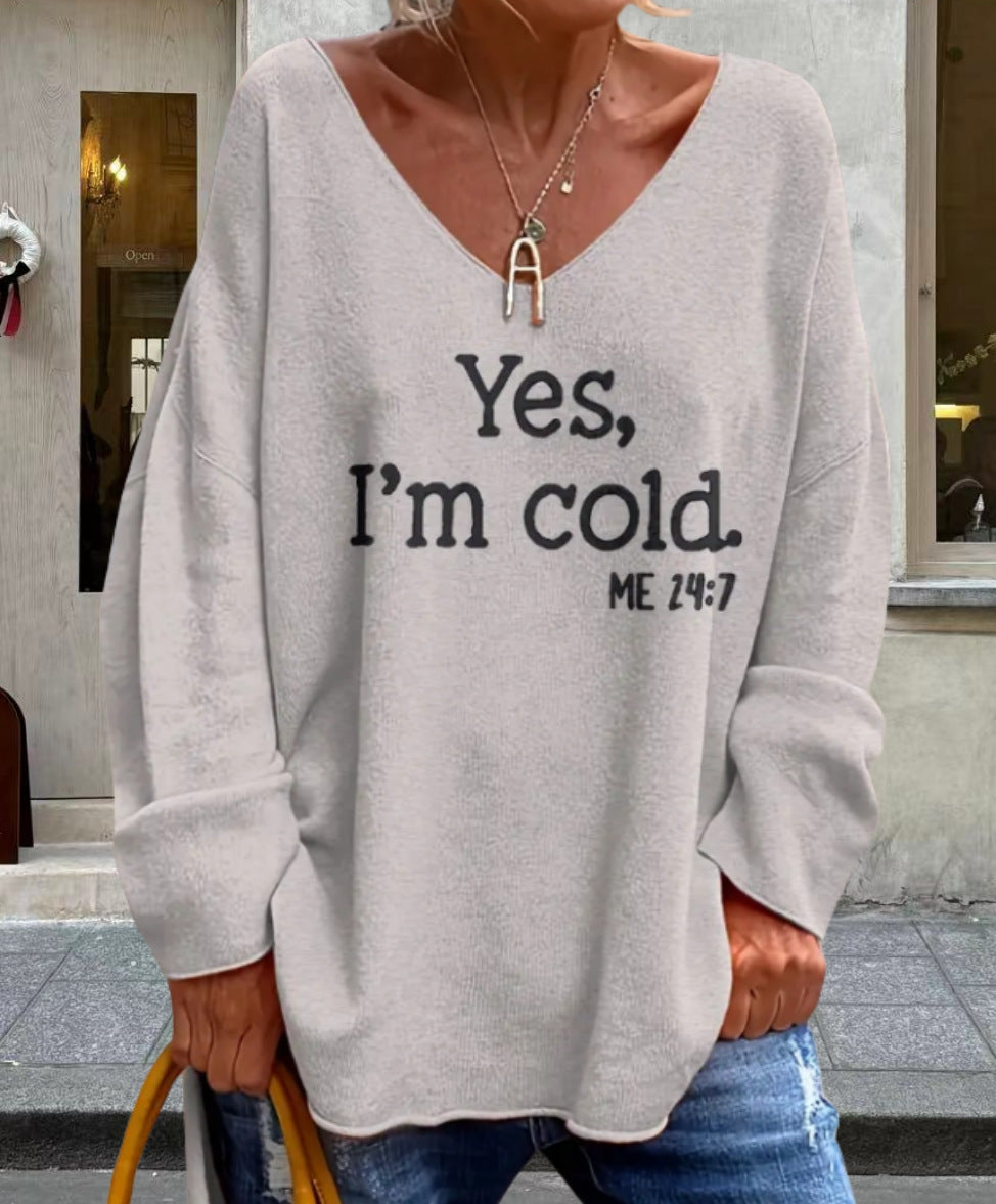 Damen Oversized Pullover mit modernem V-Ausschnitt und aufgedrucktem Statement Heidi-Mode
