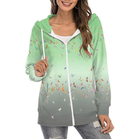 Heidi-Mode | Mode Floral Print Langarm Zip Auf Kapuzenpullover Sweatshirt