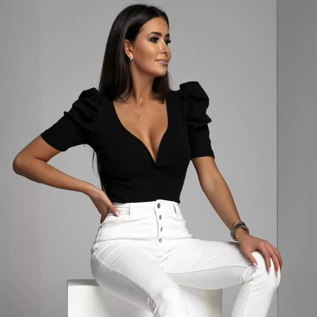 Damen Figurbetontes Oberteil mit V-Ausschnitt und Puffärmeln Heidi-Mode