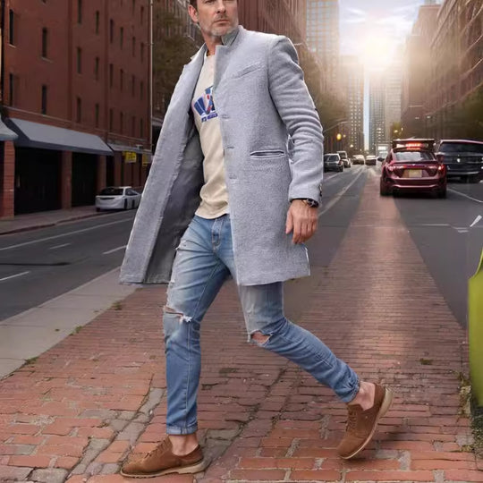 Herren eleganter Manhattan-Mantel mit seitlichen Taschen und schmalem Schnitt Heidi-Mode