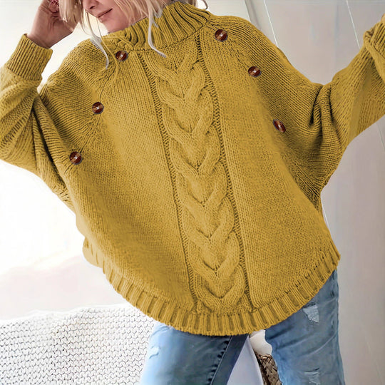 Damen Grobstrickpullover mit hochgeschlossenem Kragen und dekorativen Knöpfen Heidi-Mode