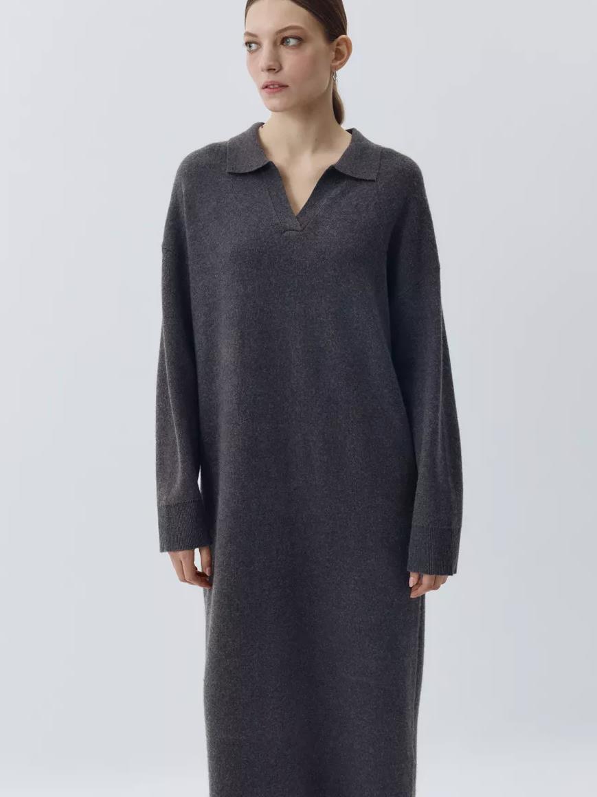 Damen Übergröße Strickkleid mit modernem Polokragen und langen Ärmeln Heidi-Mode