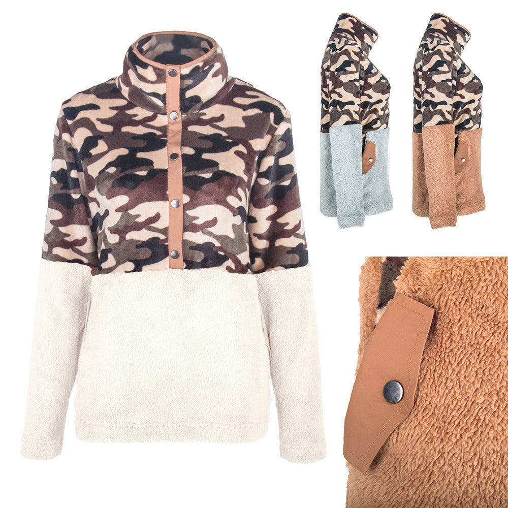 Damen warme Fleecejacke im Camouflage-Design mit hohem Kragen Heidi-Mode