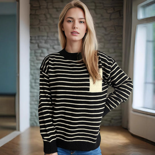 Damen lässiger Strickpullover mit breitem Streifenmuster und überschnittenen Schultern Heidi-Mode