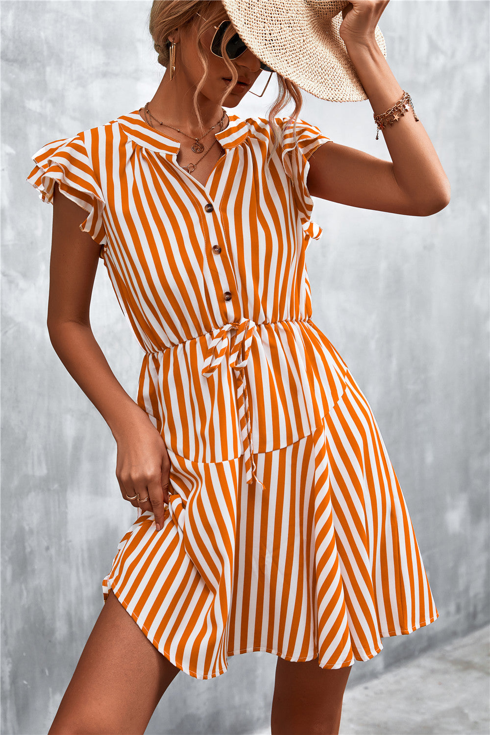 Damen Kurzarm-Kleid im angesagten Streifenlook mit Taillenzug und eleganten Rüschendetails Heidi-Mode