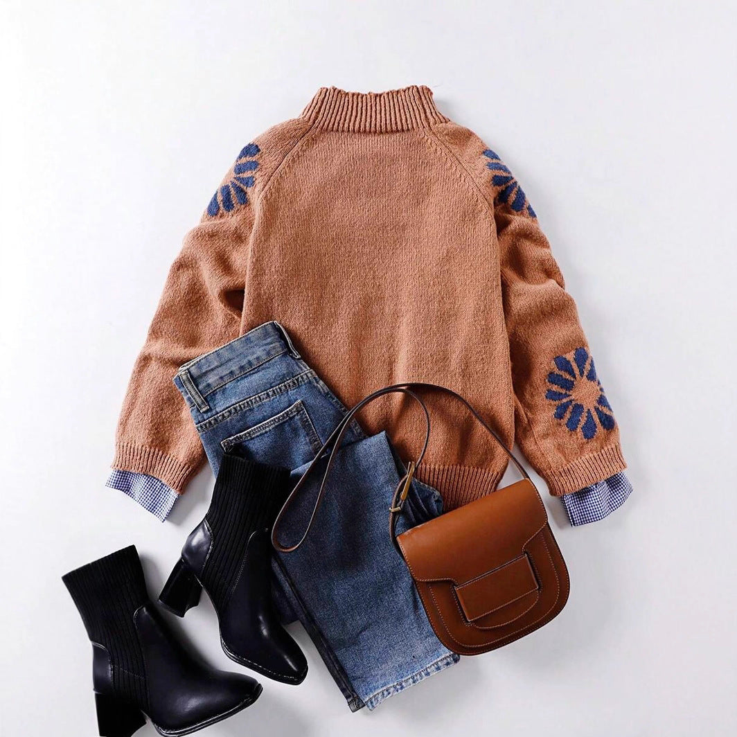 Damen Strickpullover mit floralem Motiv und modernem Rundhalsausschnitt Heidi-Mode